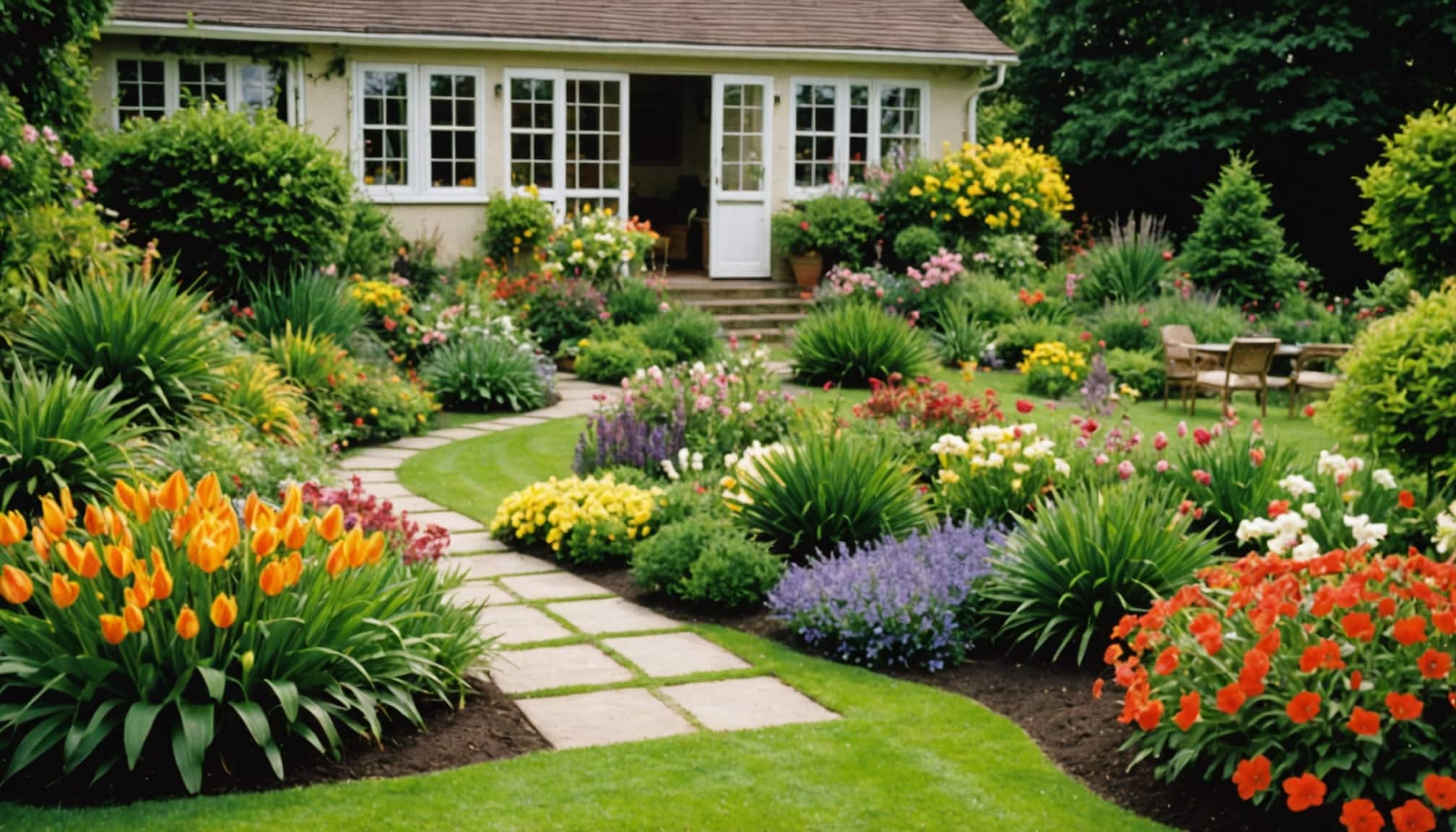 Jardin bien entretenu avec fleurs et verdure éclatante  
Espace extérieur soigné avec plantes et allées fleuries